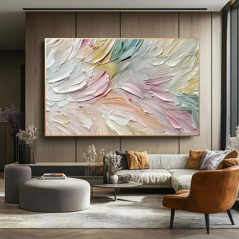Wide Horizontal Pastel Abstract Canvas Art Handpainted Thick Palette Knife Oil Painting Soft Multicolor Statement For Wall Decor