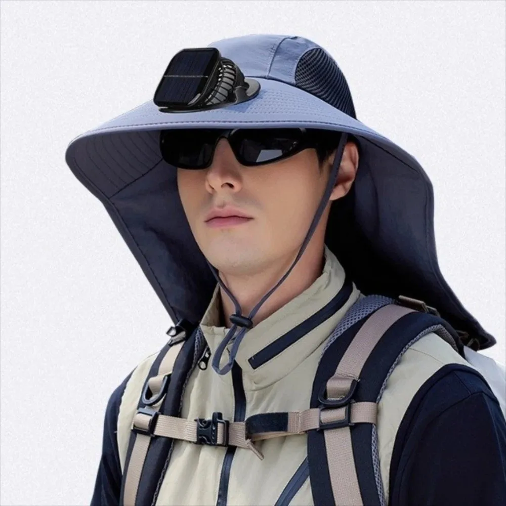 Breathable Solar Fan Cap Lightweight Cooling Wide-Brimmed Hat Shawl Attached Adjustable for 3.7V 300mAh