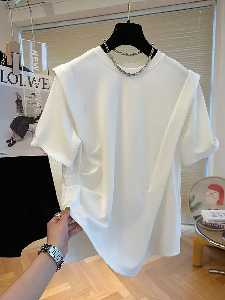 

2025 Summer Round Neck Women's Short-sleeved T-shirt Irregular Pleated Tee Office Round Neck Loose Casual Top ZT134