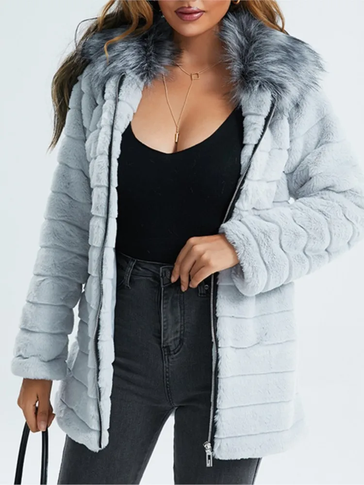 Elegant Long Faux Fur Coat Women 2023 Autumn Winter Thick Warm Soft Fleece Jacket Female Pocket Zipper Coat Hooded Outerwear