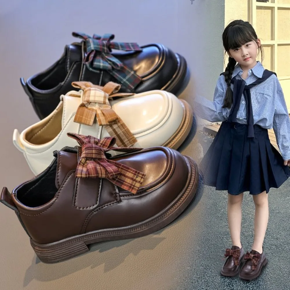 Spring Autumn Girls' Uniform Leather Shoes Plaid Bow Casual Daily School Children's Mary Jane Shoes Retro Kids Dress Flat Shoes