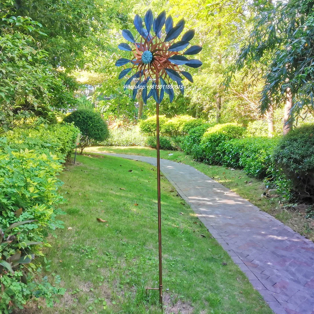 Garden Decoration Wind Turn 360 Degrees Double-sided Rotating Plug Ornaments Antique Blue leaf Windmill