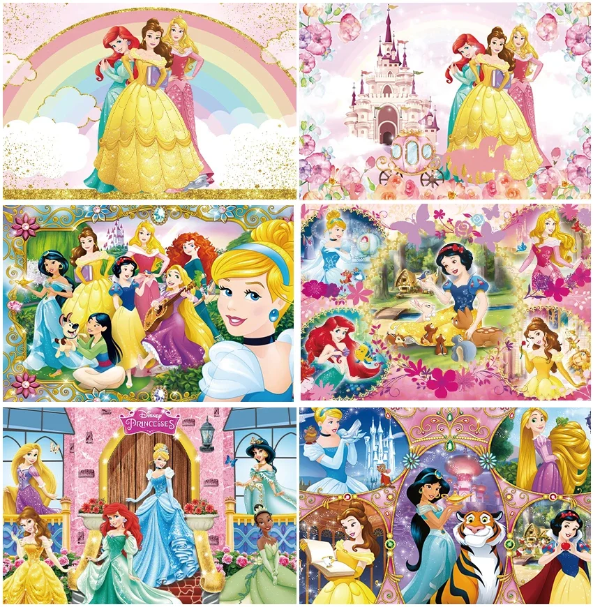 

Disney Princess Rainbow Castle Pink Flowers Bella Cinderella Backdrops Girl Birthday Party Decoration Backgrounds Photo Booth