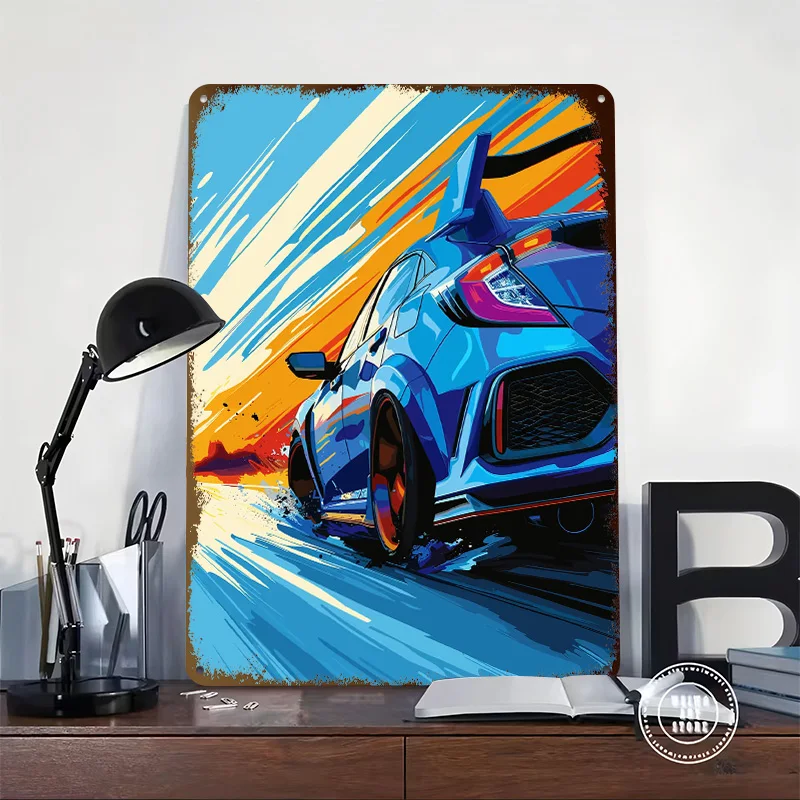 Blue Sports Car Civic Type R Poster Customized Wall Art Vintage Metal Signs Retro Tin Plaque for Man Cave Gaming Decoration Room