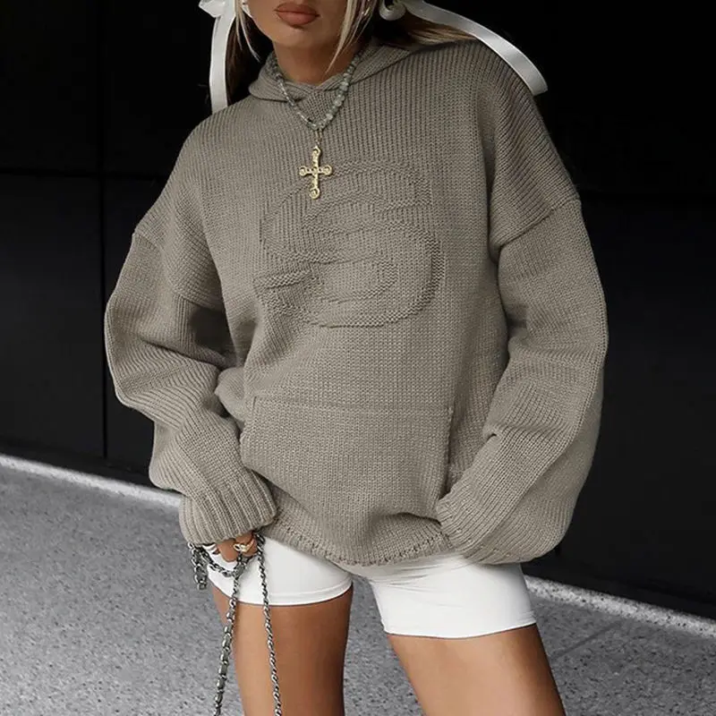 Hoode Sweater Casual Solid Letter Oversized Basic Loose Solid Long Sleeve Pullovers Women 2024 Autumn Winter Streetwear