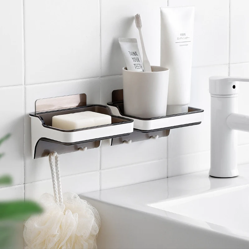 Perforation-Free Wall Mounted Drainable Soap Box Toilet Creative Soap Rack Double Layer Soap Rack With Hook