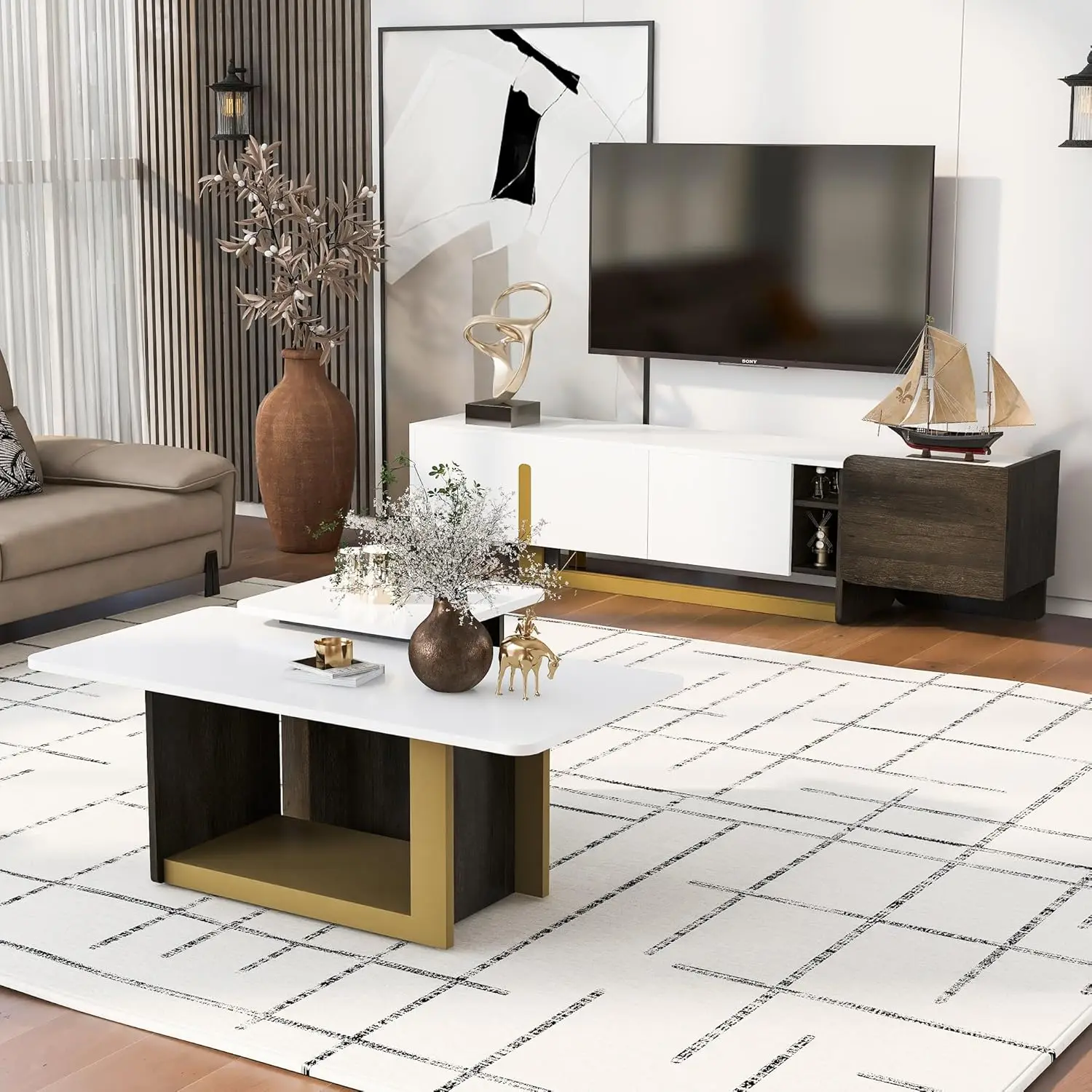 

TV Stand & Coffee Table Set,Wood Console Table with Storage & Adjustable Shelves,Living Room White,Customized