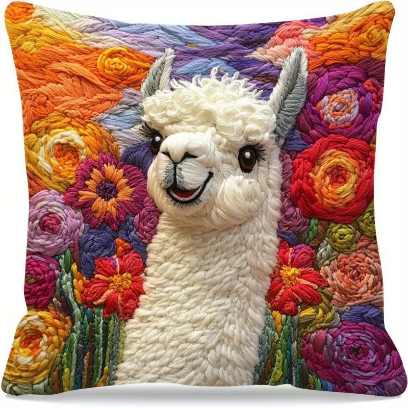 1pc Floral Llama Cushion Covers Chair Living Room Pillowcase Cozy Zipper Sofa Pillow Covers Bedroom Indoor Home Decor