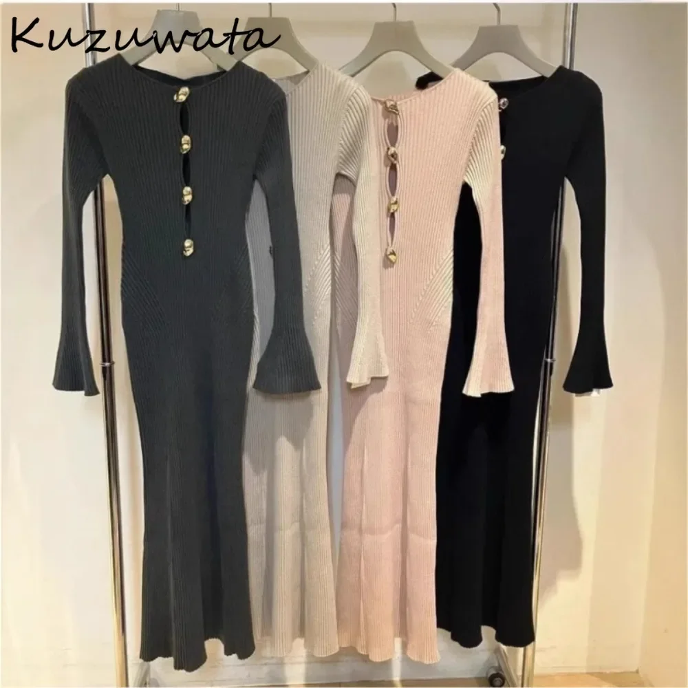 Kuzuwata Feminine Slim Fit O Neck Flare Sleeve Mujer Knit Button Mermaid Mid-length Robe Japan Minority Hong Kong Style Dress