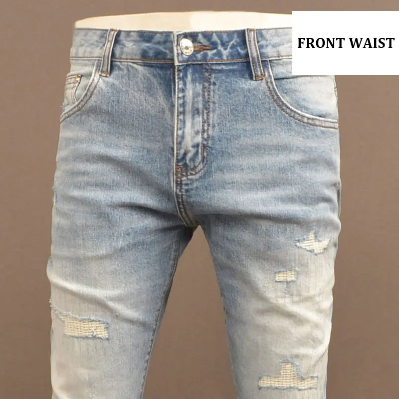 

Street Designer Fashion Men Jeans Retro Light Blue Stretch Slim Fit Patched Ripped Jeans Men Y2K Vintage Casual Denim Pants