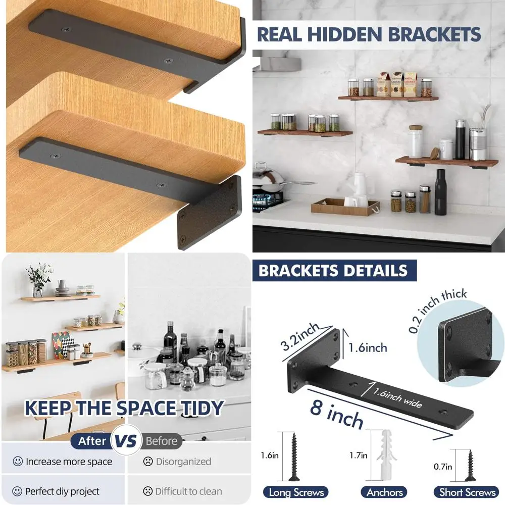 

Сверхмощные 8-дюймовые черные металлические L-образные кронштейны для плавающих полок, промышленные опоры для полок для проектов DIY