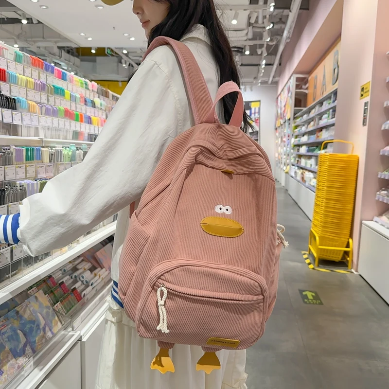 Cartoon Duck Kids Backpack Bag Cute Travel Bag Versatile Korean Edition Girls' School Bag Aesthetic Backpack Corduroy Backpack