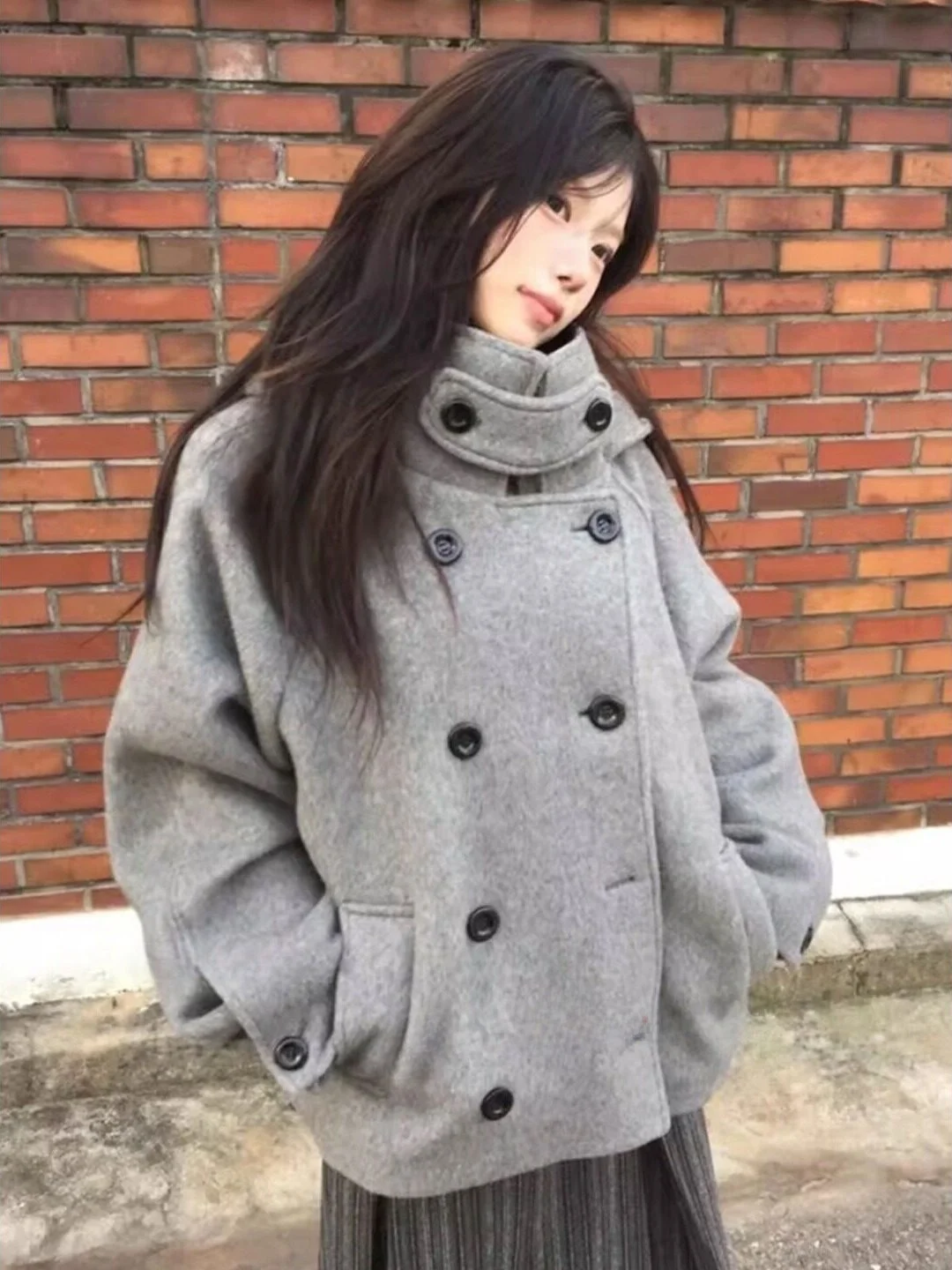 Retro Grey Hooded Woolen Coat Women's Loose Warm Double Buttoned Tweed Coat Sweet Style Pure Color Straight Cut Long Sleeve
