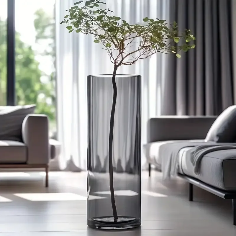 Elegant Smoke Gray Acrylic Cylinder Vase—Thickened Shatter-Resistant Material, Ideal for Modern Office Spaces, Minimalist Homes
