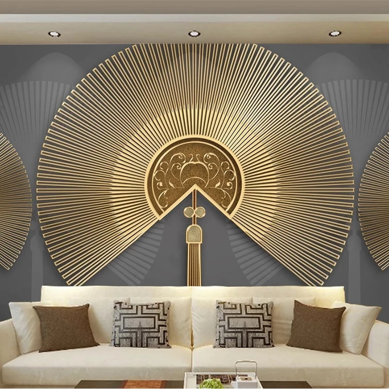 

Customized Mural Wallpaper Chinese Style Beautiful Sector 3D Golden Embossed Line Living room TV background bedroom restaurant