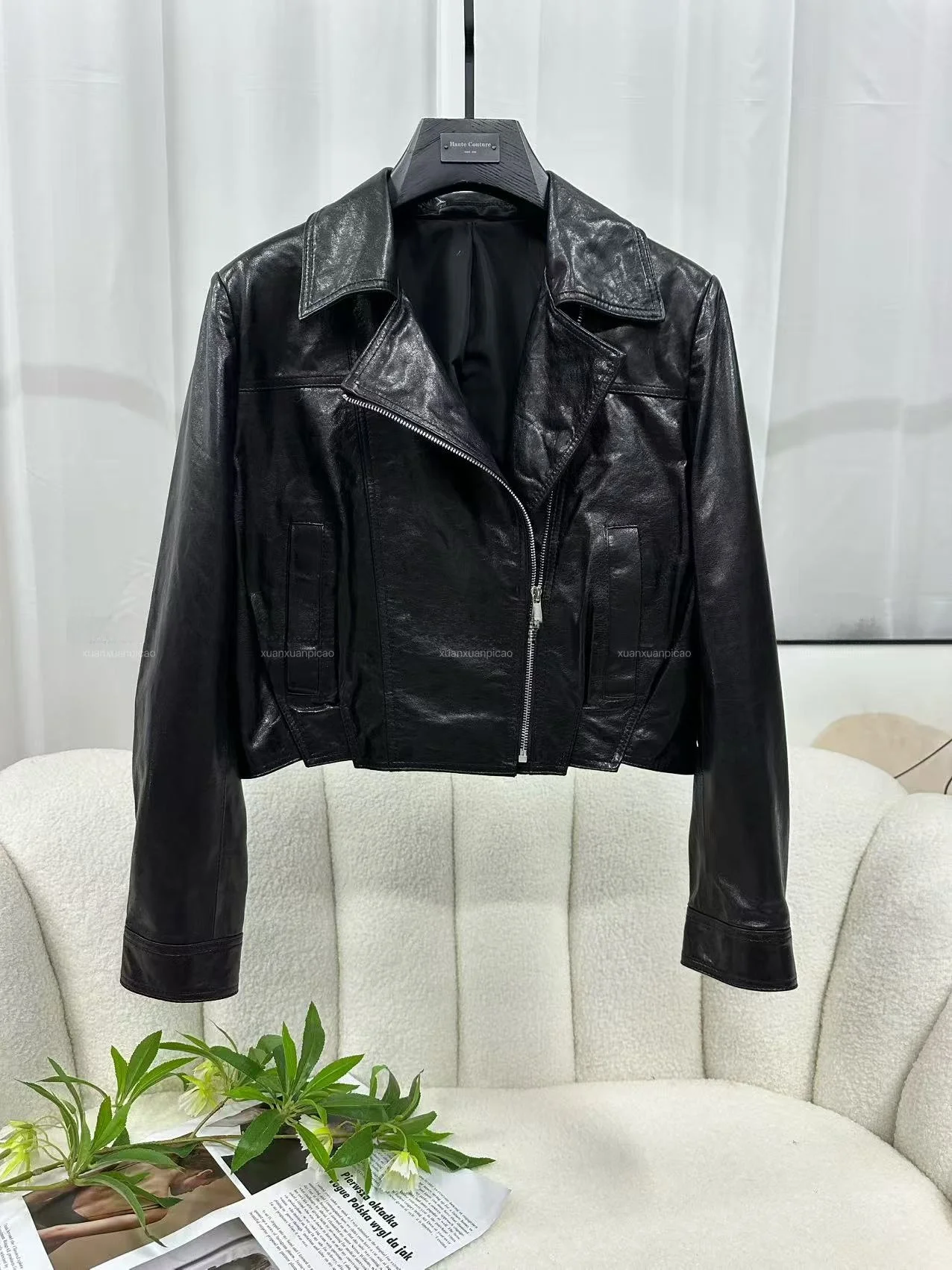 

Ning 2025 New Sle Women's Leather Jaet eepskin Coat Luxury Feel Long Sve Zipper Closure Regular Length