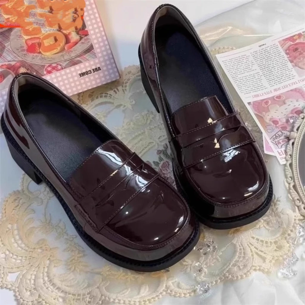 Black Square Head Mary Jane Shoes Women's Slip-On Fashionable College Style Flat Heel PU Leather Roman Style Casual Shoes