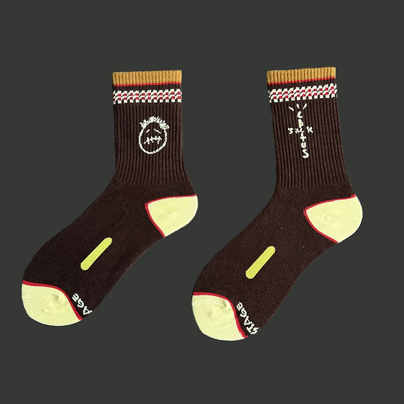 Herrensocken 3 Paar/Box Cactus Jack Socken Baumwolle Sport Hip Hop Basketball Skateboard Braun/Gelb Sockken Großhandel Herren Geschenk – Detail 7