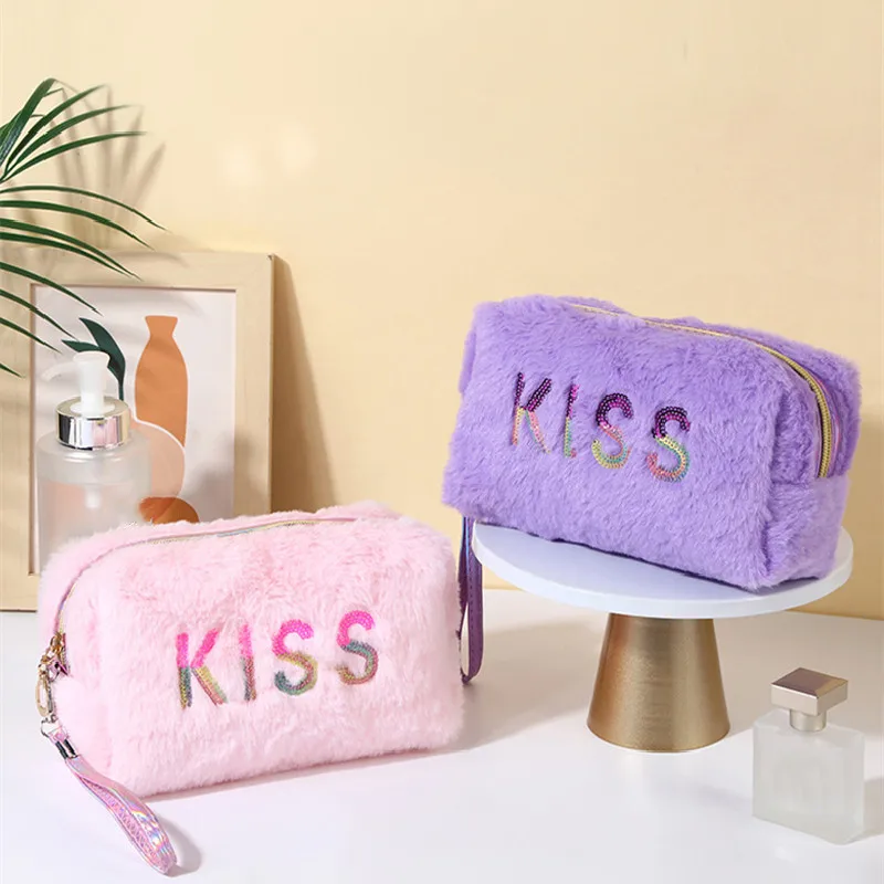 1pc Fashion Plush Makeup Bag Zippered Puff Brush Storage Supplies Large Capacity Travel Wash Bag Portable Water Emulsion Storage