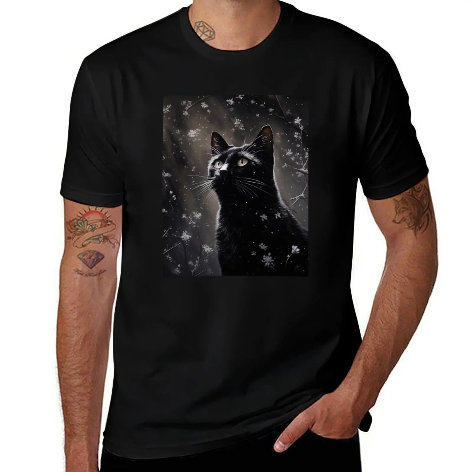 

Snowflakes Looking Magical Black Cat T-Shirt anime figures custom t shirt men clothings