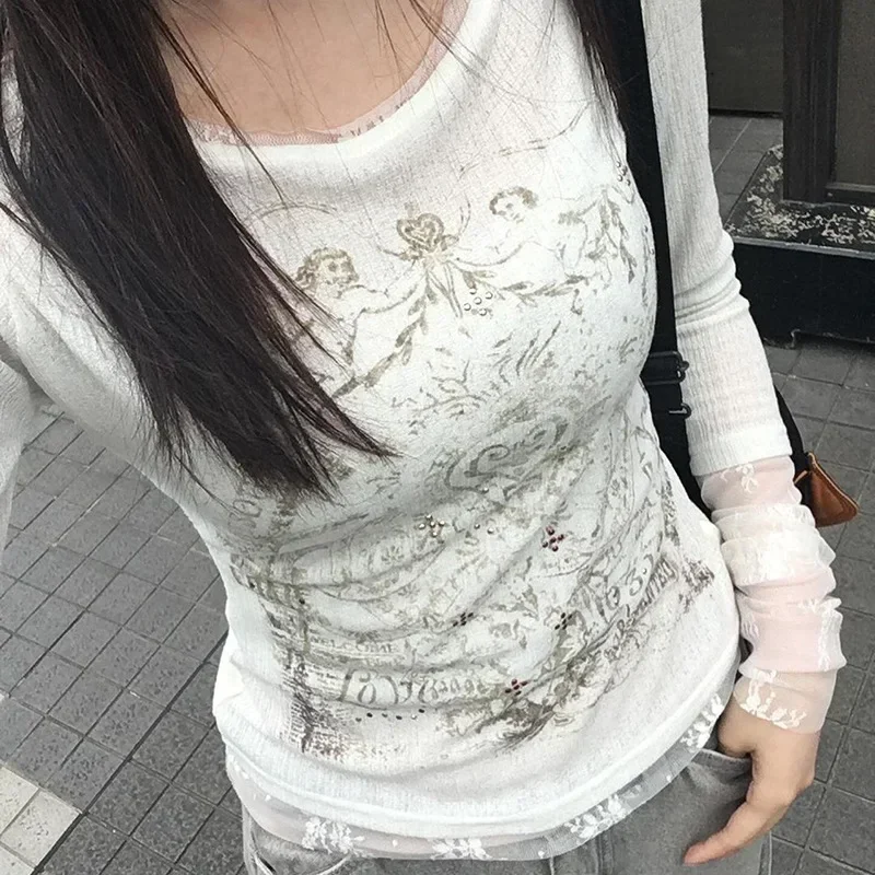 Streetwear Y2k Basic T-shirt Women Aesthetic Mall Gothic Harajuku Casual Grunge Printed Long Sleeve O-neck Tee Top Femme