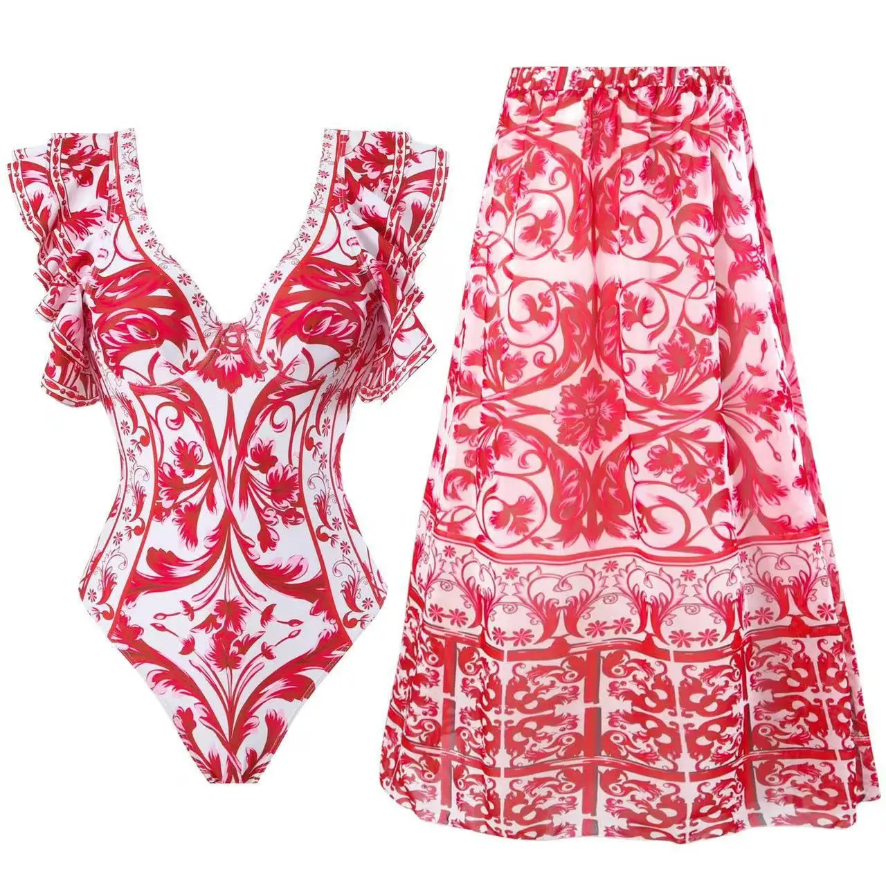 

National Style Women One Piece Swimsuits Retro Print Push Up Swimwear Monokini Bikini Floral 2 Piece Cover Up Swimming Suit-2