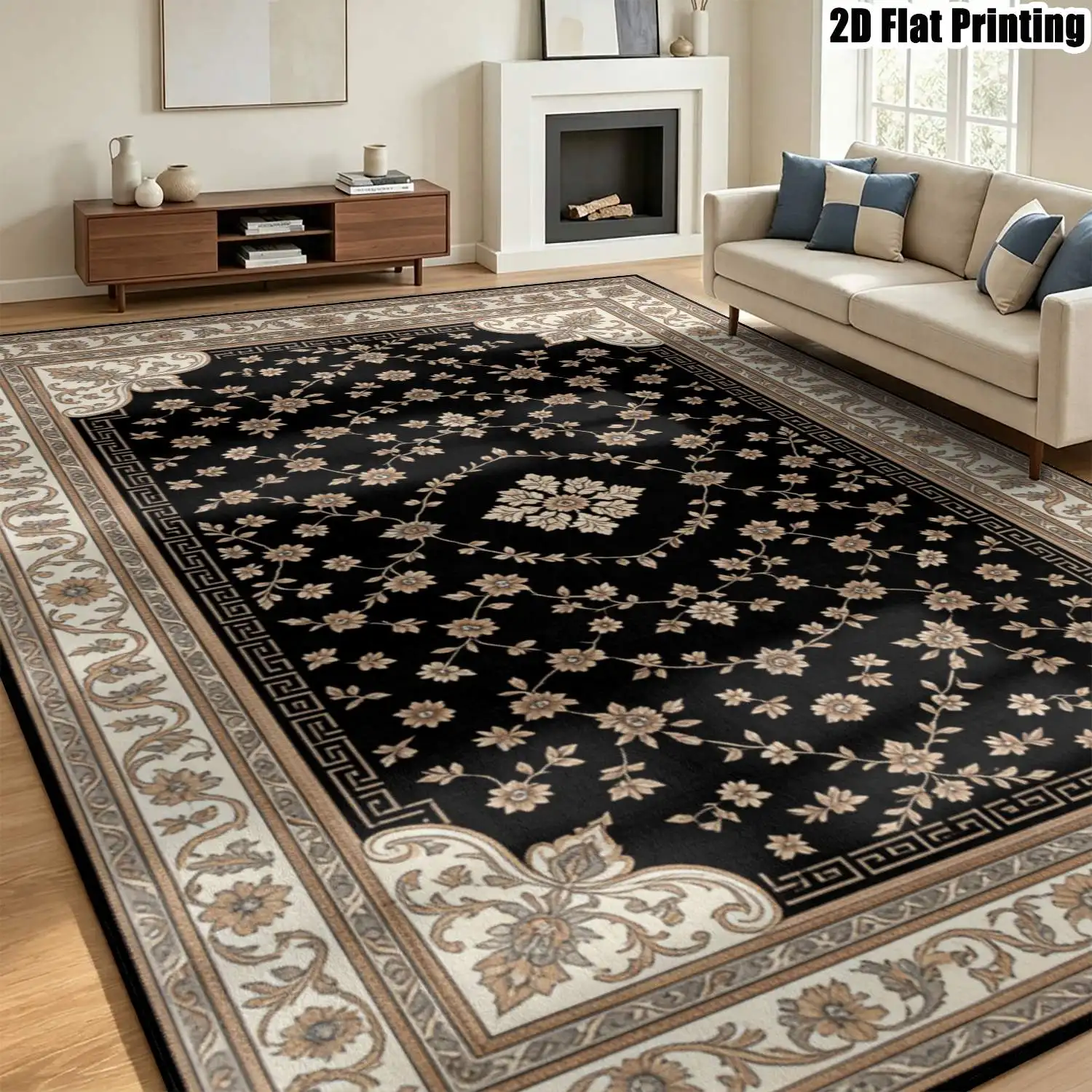 1Pc 2D Printed Carpet: Black Base, White Floral Border, Vintage/European/Geometric Classic Pattern, Multi-Size, Machine Washable, Ideal for Living Room, Bedroom, Dining Room, Entrance, Study, Home Decor