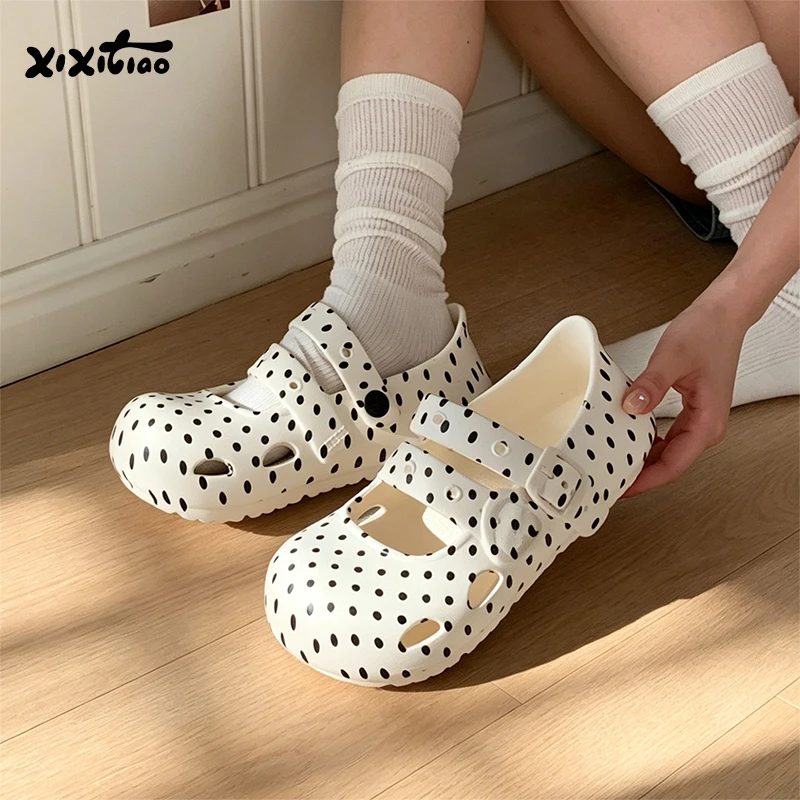 XIXITIAO Korean Style Versatile Mary Jane Shoes for Beach Vacations Women's Summer Non-Slip Arch Polka-dot Pattern Ballet Flats