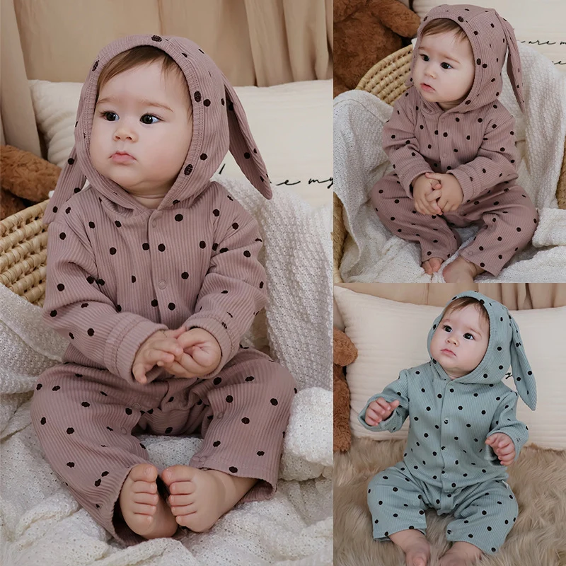 

2026 New Spring Infant Baby Girls Jumpsuit Long Sleeved Cotton Hooded Print Toddler Baby Girl Romper 0-24M Children Clothes