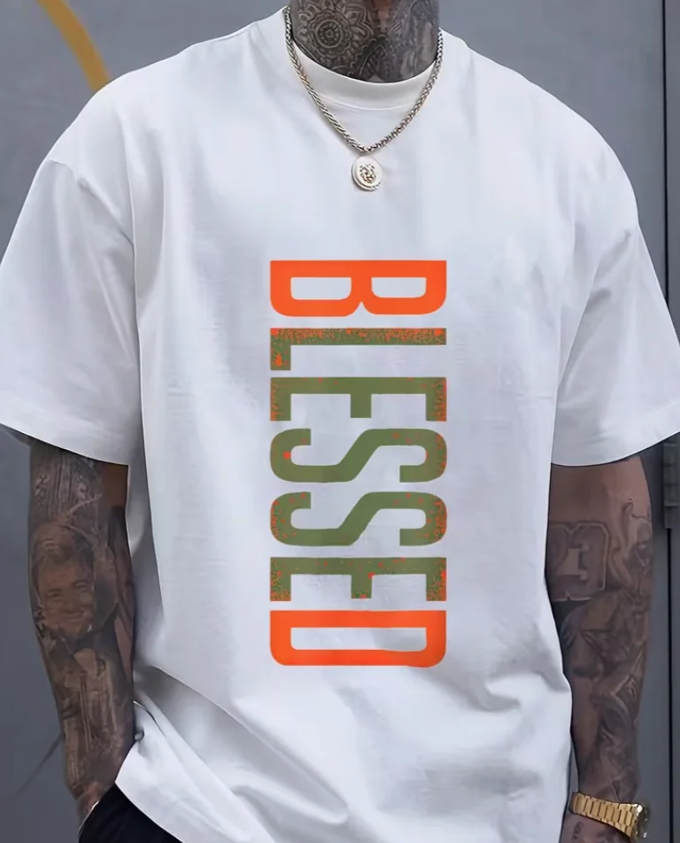 Men's BLESSED 3D Printed T-Shirt-Geometric Letters Comfortable Fit Casual Short Sleeve Top Modern Casual Clothing, Plus Size