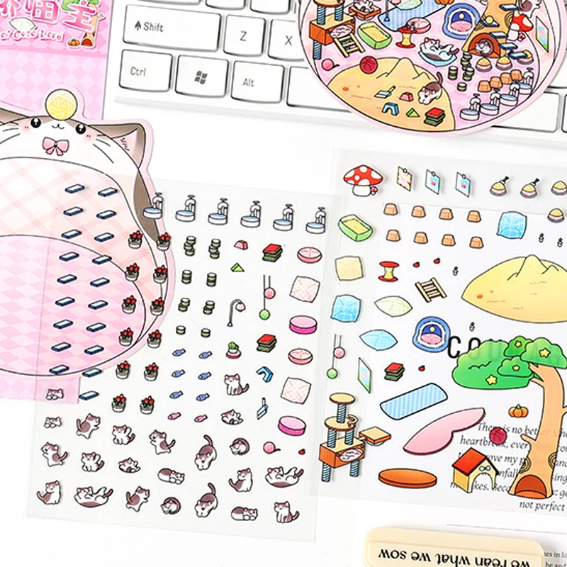 4 สไตล์ 3 แผ่น/ถุงสติกเกอร์แพ็ค Munchkin House 3D Stereoscopic ฉาก DIY Decompression ฉากขนาดเล็กคู่มือสติกเกอร์