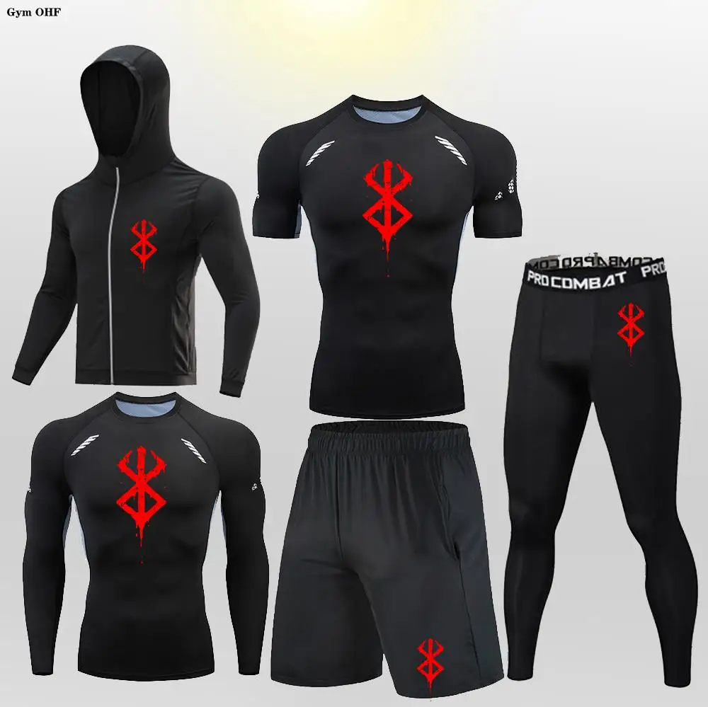 Anime Berserk Guts Men Sport Set Compression T-Shirt Pants Shorts Jacket Sets Men Gym Fitness Rashguard Training Clothes Jerseys