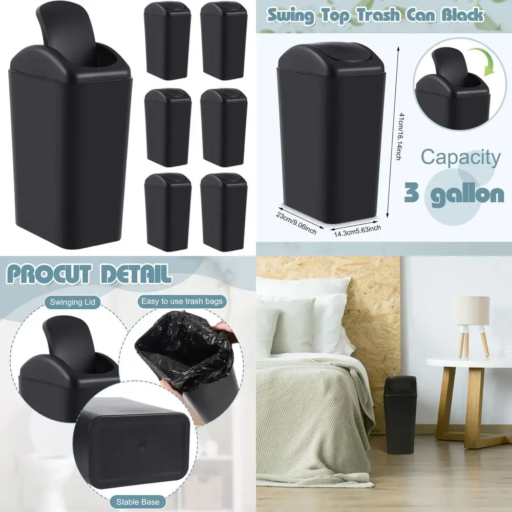 

6 Pack 3 Gallon Plastic Trash Cans with Lids for Home, Office, and Outdoor Use (Black)