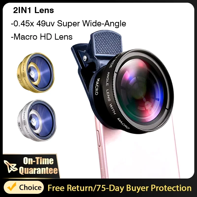 

37mm Mobile Phone Lens Universal 2 in 1 Lens Clip Professional 0.45X 49Uv Super Wide-Angle + Macro HD Lens For iPhone Android