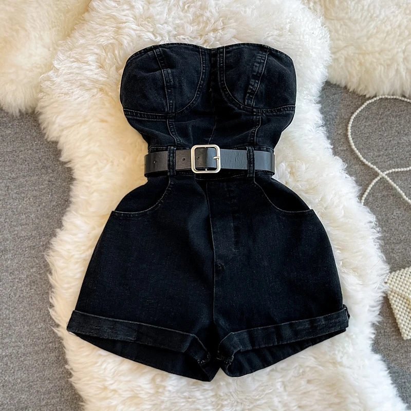 

Faionable ort Denim Overalls Women's Summer Hong Kong Sle Retro Wide Leg Workwear One-Piece Pants High Waist ort Length