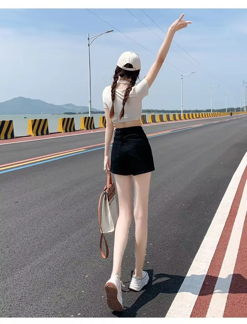 Shorts Womens Vintage American College Wide Leg Denim Drawstring High Waist Loose Fit Retro Campus Sports Style Street Fashion