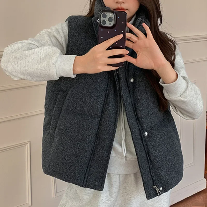 Stand Collar Zipper Vest Jacket Black Gray Waistcoat Short Down Cotton Vest Women Autumn Winter New Korean Fashion Sleeveless