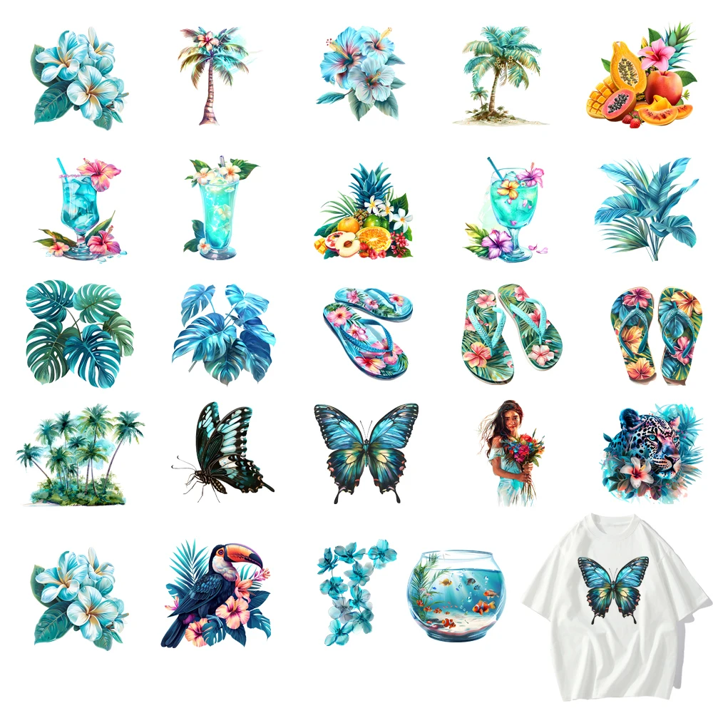 23 types Blue Flower Hot Spot Fruit Butterfly DTF Thermo Sticker Decals Heat Transfer Clothes Clothing Crafts Diy Accessory