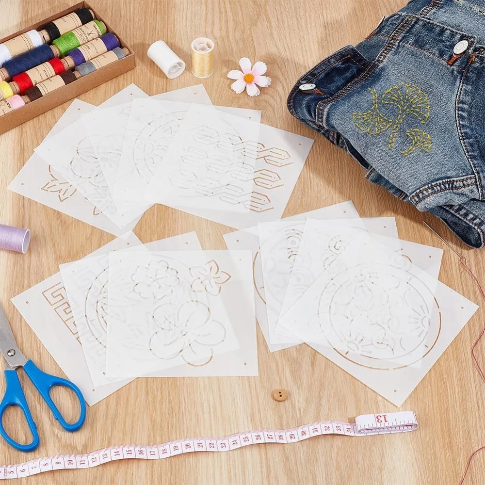 12Pcs Plastic Sashiko Stencil 5x5inch Flowers Leaves Continuous Pattern Embroidery Tool Drawing Line Template for Hand Quilting