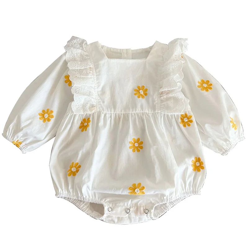 Macacão princesa manga comprida para bebês, roupas de primavera, macacão bordado margarida doce, criança infantil, coreano Onesie, 0-2T, 2024