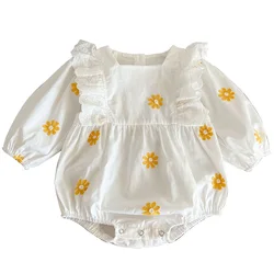 2024 Baby Spring Clothes Sweet Daisy Embroidery Girls Romper Long Sleeve Princess Jumpsuit Toddler Infant Korean Onesie 0-2T