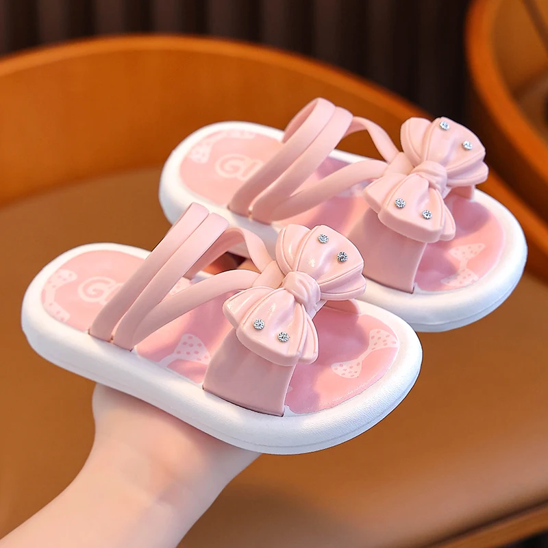 New Summer Cute Cartoon Bow Decoration Sandals For Aged 2-8 Girls Children Slippers Non-slip Seabeach Flip Flops Home Kids Shoes