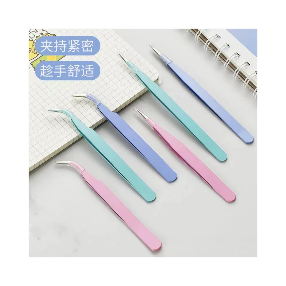 

1PCS DIY Colorful Stainless Steel Tweezers Pointed Elbow Clip Macaron Pink Eyelash Handmade Hand Book Nail Rhinestones Tweezers