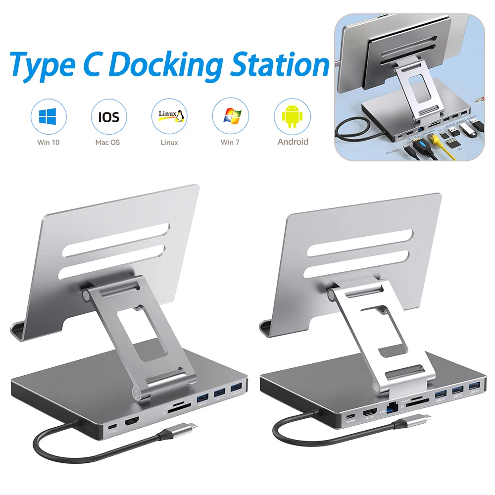 

Док-станция типа C Мобильный кронштейн из алюминиевого сплава HUB PD USB3.0 Подставка USB C Док-станция 5 Гбит/с SD TF Слот Gigabit Ethernet