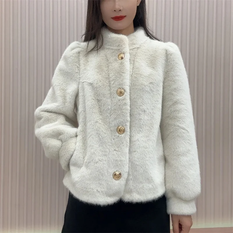 2025 Fashion Women's Faux Fur Short Jacket Mink Velvet Coat Autumn Winter Stand-up Collar Thicken Warm Outerwear Lady Casual Top