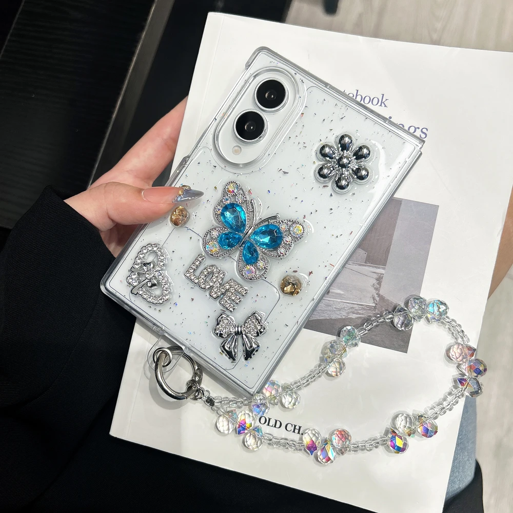 Luxury 3D Bling Glitter Diamond Butterfly Transparent Phone Case For Samsung Galaxy Z Fold 8 Hard Cover For Z Flip 8 7 6 5 Case