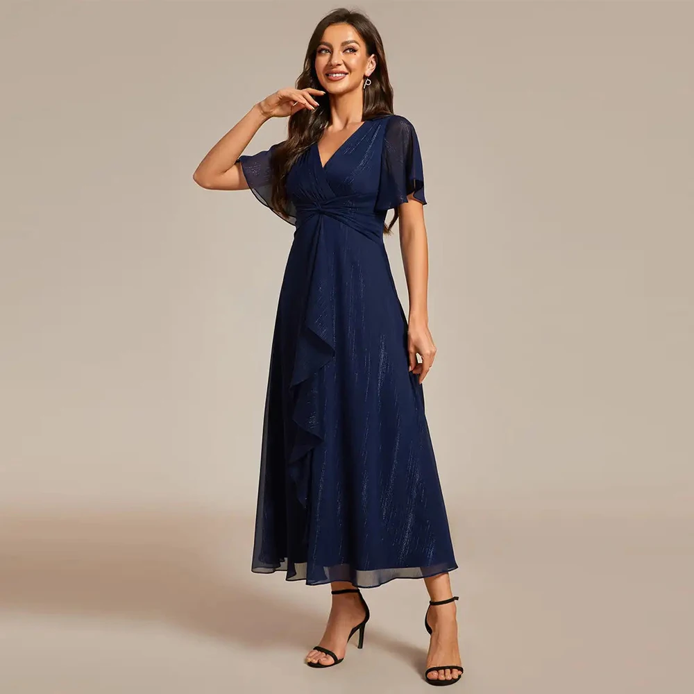 BAZIIINGAAA Party Dress Shimmer V Neck Tea Length Wedding Guest Dress With Short Sleeves Evening Dresse