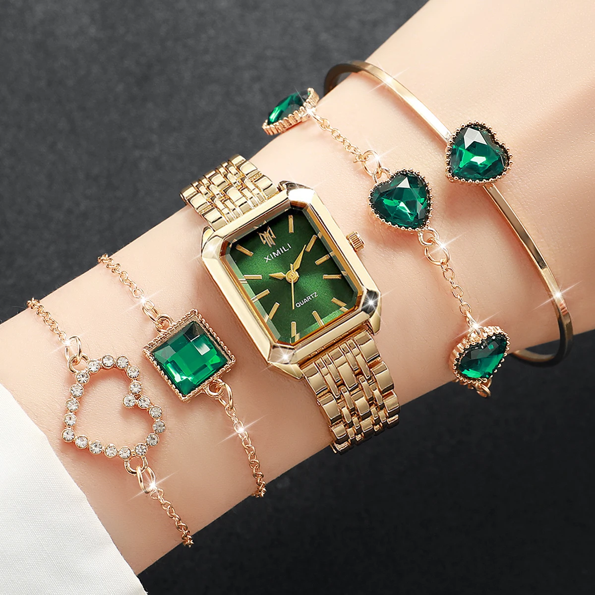 5PCS/Set Fashion Rectangle Women Watches Luxury Steel Band Quartz Watch Ladies Wristwatches Bracelets Set Reloj Mujer