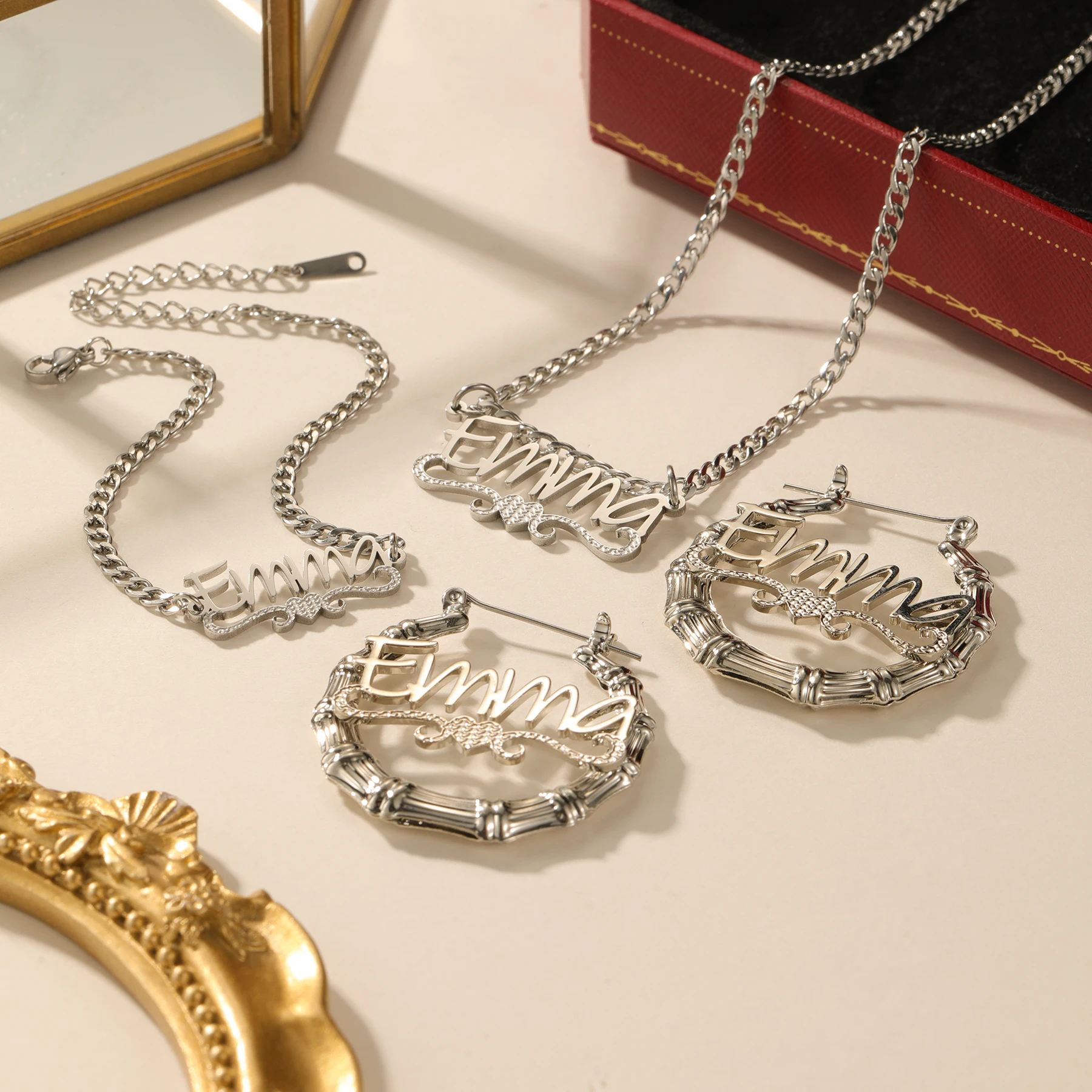 

Custom Name Necklace Bracelet & Bamboo Earrings Set 3 Piece Personalized Jewelry Gift for Women 18K Gold Plated Stainless Steel
