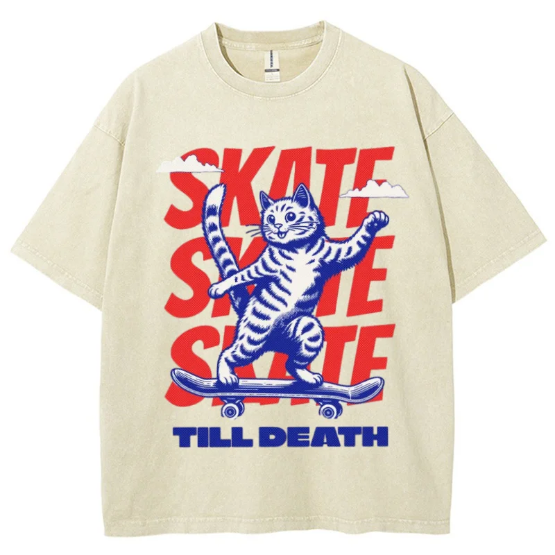 Cat Play Skateboardprint Dames T-Shirt Schattig Casual Feng Shui Wash Distressed Losse Korte Mouw Amerikaans Retro Modeontwerp